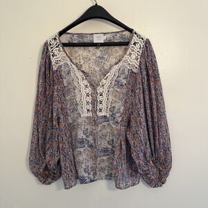 ANTHROPOLOGIE HD in Paris Chinoiserie Floral Peasant Boho Blouse- Size 6